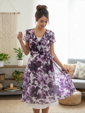 JBS Petite Sheer Purple Romantic Floral Ruffle Dress w/Tying Belt Size 4P